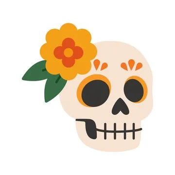 Sugar skull with marigold flower. Flat cartoon vector for Dia de los Muertos and Stock Illustration