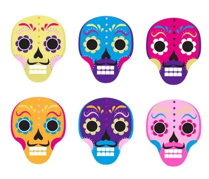 Sugar skull set icon, flat, cartoon style. Cute dead head, skeleton for the.. Stock Illustration