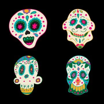 Sugar Skulls with Colorful Mexican Elements and Flowers. Stock Illustration