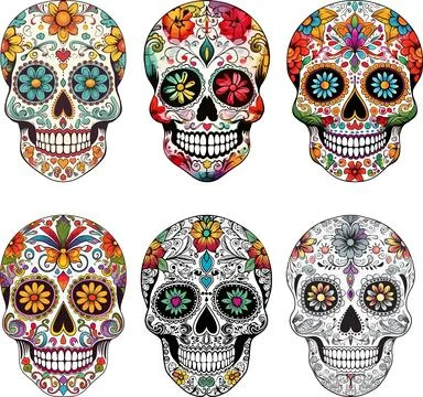 Sugar Skulls Set. Day of the Dead Skull, isolated on white background. Stock Illustration