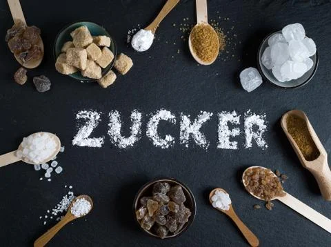 Sugar variation set on dark stone background Stock Photos