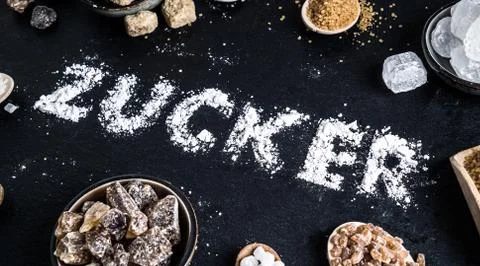 Sugar variation set on dark stone background Stock Photos