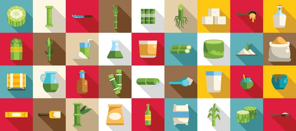 Sugarcane icons set. Sugarcane processing and production showing plant, rum.. Stock Illustration