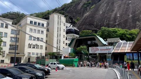 Sugarloaf Cable Car Returning to Praia Vermelha Base Station in Rio de Janeiro Stock Footage 328141555