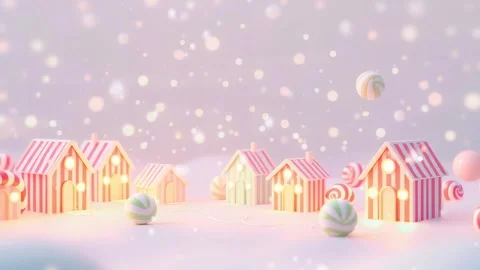 Sugary Snowfall: Animated Scene with Gingerbread Houses and Falling Candies Stock Footage 317967549