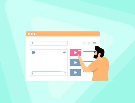 Suggested video ad - users with red ads thumbnail clicks in browser search Illustrazione stock