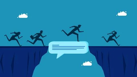 Suggestions for solving problems. Business team crossing cliff with speech bu Illustrazione stock