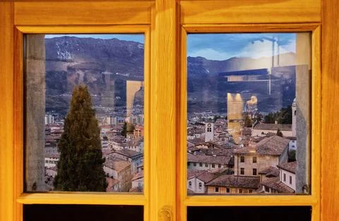 Suggestive view of Rivereto, captured through a window. Stock Photos