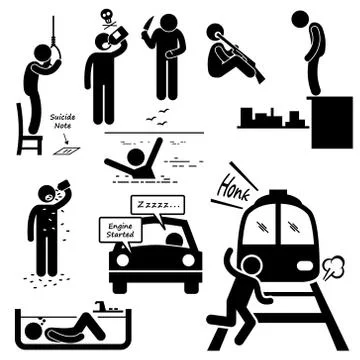 Suicidal Commit Suicide Methods Stick Figure Pictogram Icons Stock Illustration