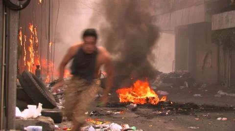 Suicide Bomb Terror Attack Burning Building Street on Fire Blast Explosion Stock Footage 65521684