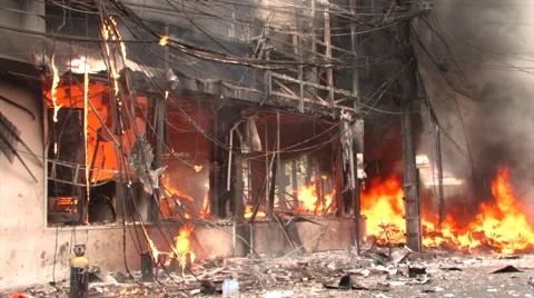 Suicide Bomb Terror Attack Burning Building Street on Fire Blast Explosion  Stock Footage