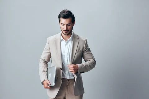 Suit man technology internet freelancer laptop copyspace business computer Stock Photos