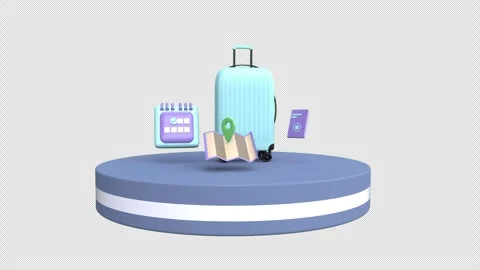 A suitcase adorned with calendar, map location pin and passport on podium 3.. Stock Footage 289489830