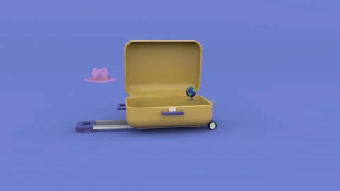 A suitcase adorned with a globe, a hat, and location pin 3d render animatio.. Stock Footage 289186425