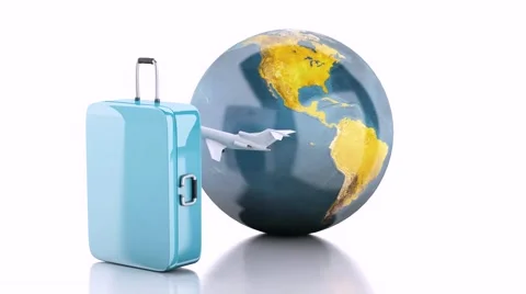 Suitcase, airplane and world globe. Travel concept Stock Footage 48366229