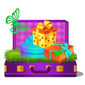 Suitcase and gift boxes isolated on white background. Vector cartoon close-up Stock Illustration