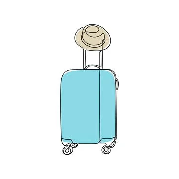 Suitcase and hat with colored spots in continuous one line drawing style. Stock Illustration