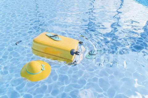 Suitcase and hat floating in water Stock Illustration