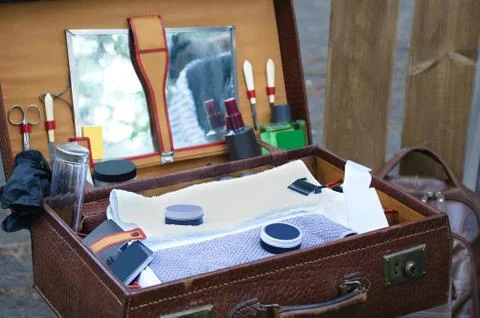 Suitcase barber with tools. Close-up. Stock Photos