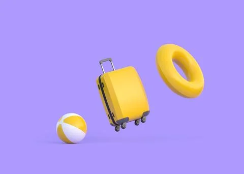 Suitcase with beach ball and inflatable circle float in the air Stock Illustration
