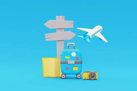 Suitcase with camera, map and signpost, Airplane flying in clouds, Tourism .. Stock Illustration