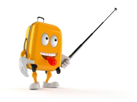 Suitcase character with pointer stick isolated on white background Stock Illustration