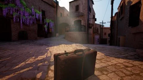 Suitcase on Cobblestone Street Illustration