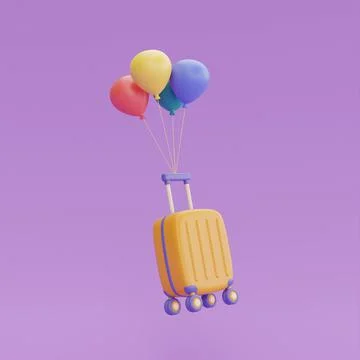 Suitcase with colorful balloons float isolated on purple background,Tourism a Stock Illustration