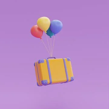Suitcase with colorful balloons float isolated on purple background,Tourism a Illustrazione stock