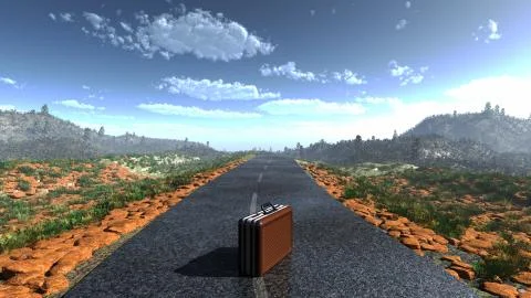 Suitcase on a deserted road as adventure concept background Stock Illustration