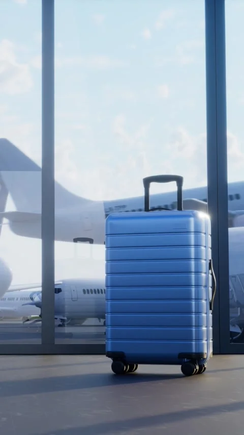 Suitcase in empty airport terminal Stockbeeldmateriaal 329366455