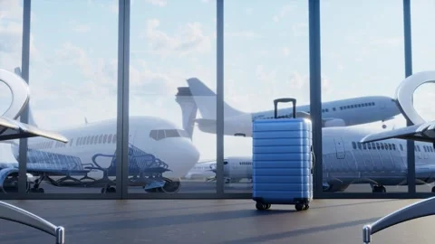 Suitcase in empty airport terminal Stock Footage 329366515