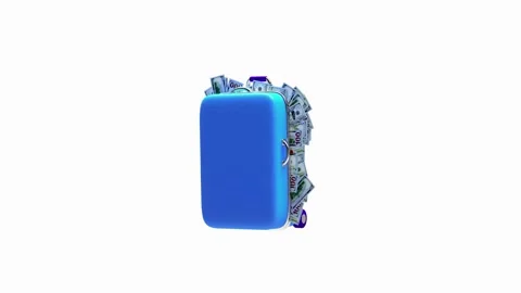 A suitcase filled with euro banknotes rotates in a 3D render. Stock Footage 338286802