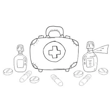 Suitcase icon. Vector illustration of a suitcase with pills and mextures. Han Stock Illustration