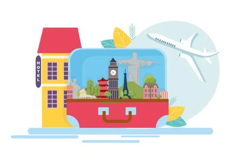 Suitcase With Landmarks Inside, Plane And Hotel On White Background Stock Illustration
