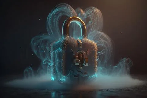 A suitcase with a lock on it floating in the air with smoke and bubbles aro.. Stock Illustration