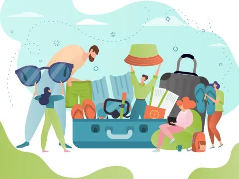 Suitcase pack, travel concept vector illustration, cartoon flat tiny people イラスト素材