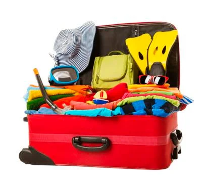 Suitcase Packed to Vacation, Open Red Luggage Full Clothes, Family Travel Stock Photos