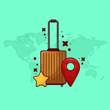 Suitcase with Pin Mark Map Icon Illustration Vector in Cartoon Style. Trave.. Stock Illustration