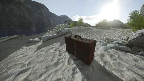 A suitcase sitting on top of a sandy beach Ilustración de archivo