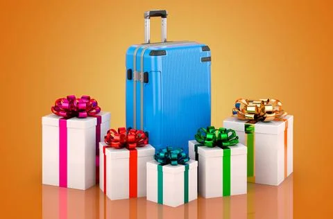 Suitcase with spinner wheels and telescoping handle and gifts, 3D renderin... Photos