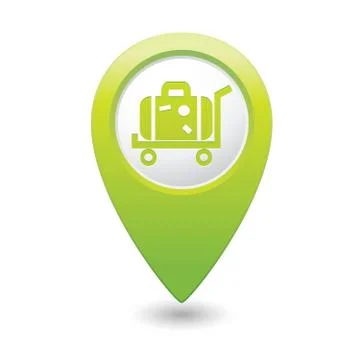 Suitcase on wheelbarrow icon green map pointer Stock Illustration