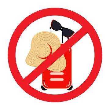 Suitcase on wheels, beach hat and sunglasses under round red prohibition sign Illustrazione stock