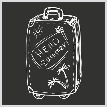 The suitcase with the words hello summer, hand drawing Stock Illustration