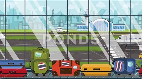 Suitcases with Thai flag stickers on baggage carousel in airport. Tourism in Stock Illustration