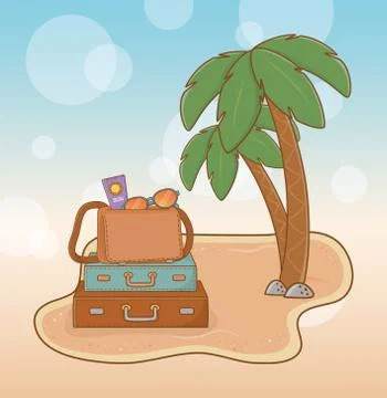 Suitcases vacations on the beach scene 库存插图