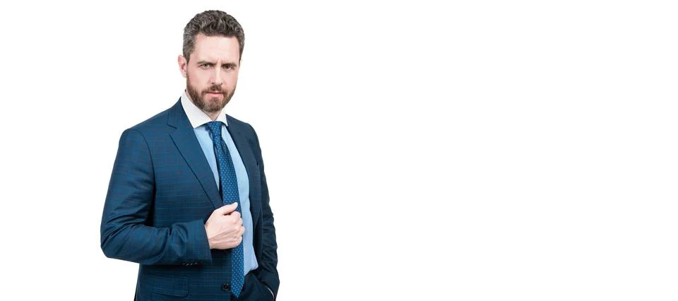 Suiting trend is anything but basic. Director wear classic navy suit. Mens Stock Photos