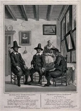 A suitor asks for a young woman's hand in marriage. Engraving by J. Punt an.. Stock Illustration