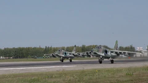 Sukhoi Su-25 attack aircraft of Russian Air Force take off from the runway Video stock 176218655