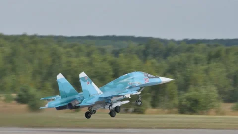 Sukhoi Su-34 Fullback supersonic fighter bomber jet aircraft of Russian AirForce Stock Footage 171406835